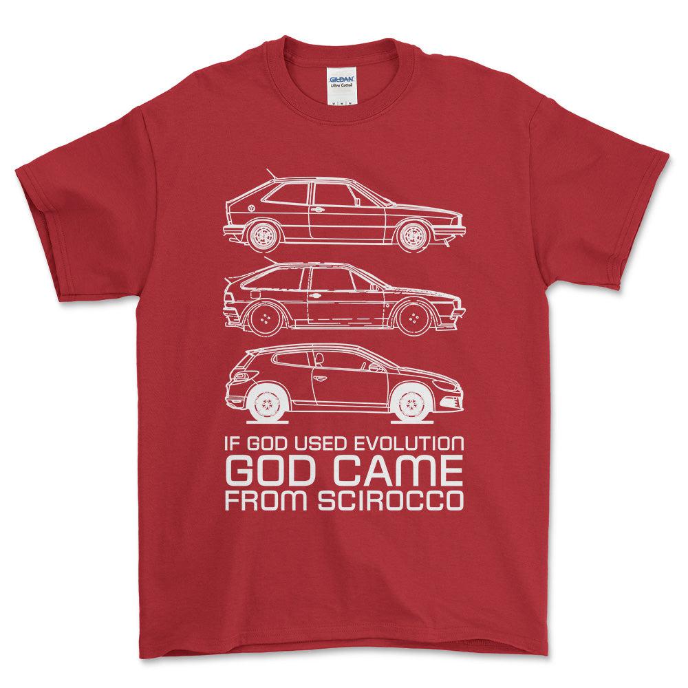 Volkswagen VW Scirocco If God Used Evolution God Came From Scirocco Unisex T-Shirt , Bomuld-Beklædning-VW-Rød-S-Forside-Garage Culture Shop- garage - man cave - merchandise