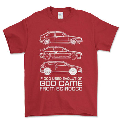 Volkswagen VW Scirocco If God Used Evolution God Came From Scirocco Unisex T-Shirt , Bomuld-Beklædning-VW-Rød-S-Forside-Garage Culture Shop- garage - man cave - merchandise