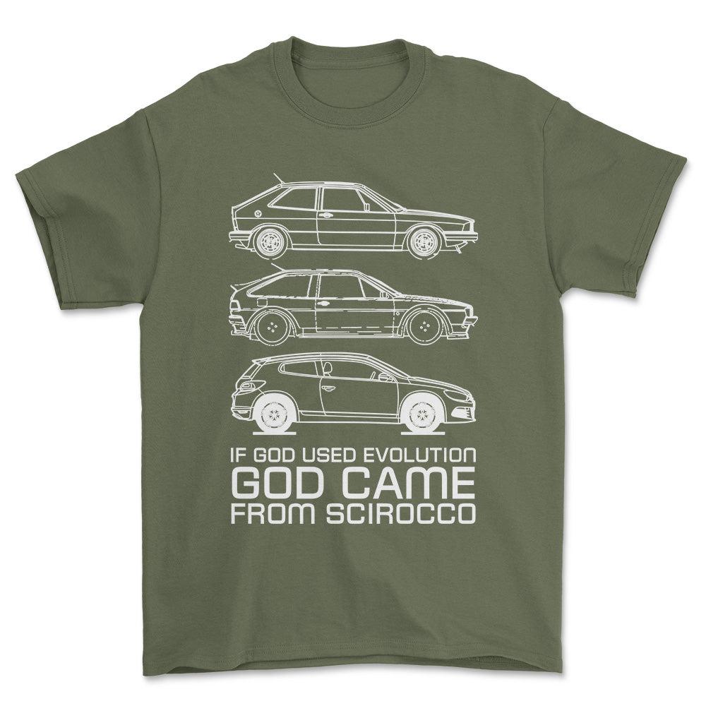 Volkswagen VW Scirocco If God Used Evolution God Came From Scirocco Unisex T-Shirt , Bomuld-Beklædning-VW-Grøn Militær-S-Forside-Garage Culture Shop- garage - man cave - merchandise