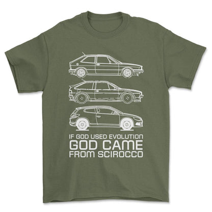 Volkswagen VW Scirocco If God Used Evolution God Came From Scirocco Unisex T-Shirt , Bomuld-Beklædning-VW-Grøn Militær-S-Forside-Garage Culture Shop- garage - man cave - merchandise
