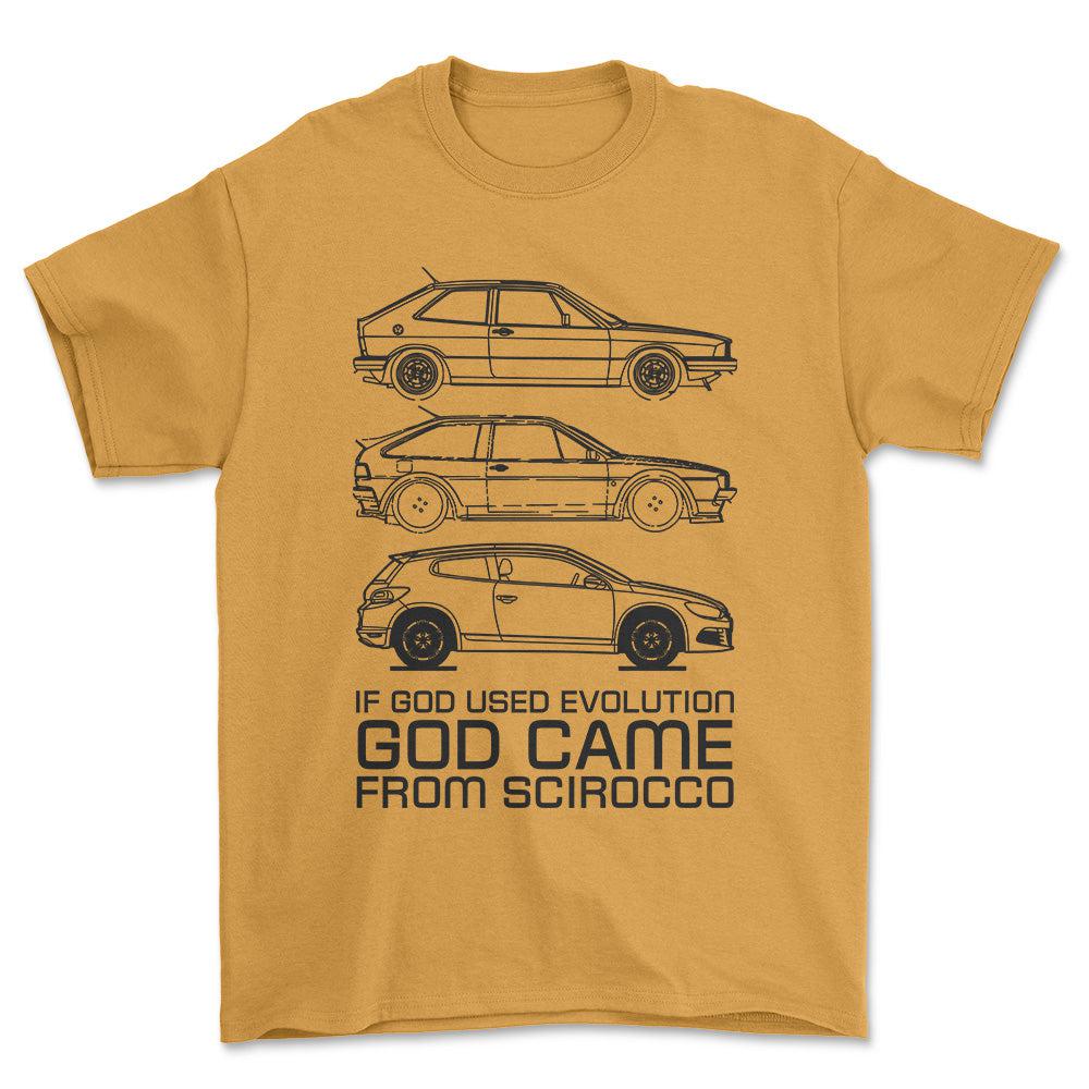 Volkswagen VW Scirocco If God Used Evolution God Came From Scirocco Unisex T-Shirt , Bomuld-Beklædning-VW-Guld-S-Forside-Garage Culture Shop- garage - man cave - merchandise