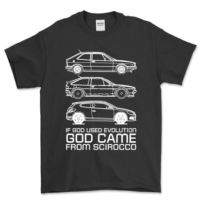Volkswagen VW Scirocco If God Used Evolution God Came From Scirocco Unisex T-Shirt , Bomuld-Beklædning-VW-Sort-S-Forside-Garage Culture Shop- garage - man cave - merchandise