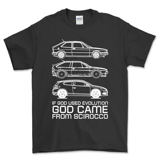 Volkswagen VW Scirocco If God Used Evolution God Came From Scirocco Unisex T-Shirt , Bomuld-Beklædning-VW-Sort-S-Forside-Garage Culture Shop- garage - man cave - merchandise