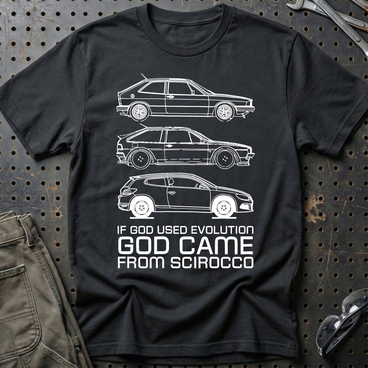
Volkswagen VW Scirocco If God Used Evolution God Came From Scirocco T-Shirt – Sort