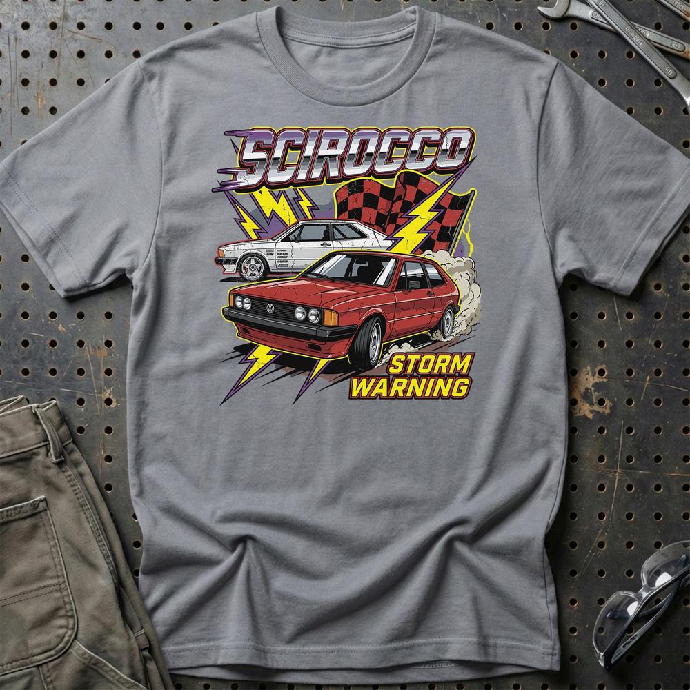 Volkswagen VW Scirocco Mk1 Storm Warning Klassiker T-Shirt-Beklædning-VW-Grå Sport-S-Garage Culture Shop- garage - man cave - merchandise