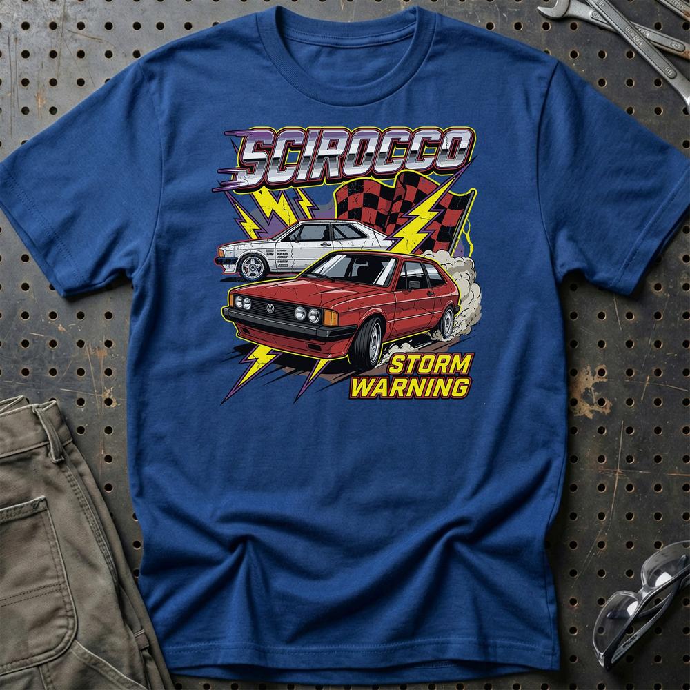 Volkswagen VW Scirocco Mk1 Storm Warning Klassiker T-Shirt-Beklædning-VW-Blå Royal-S-Garage Culture Shop- garage - man cave - merchandise