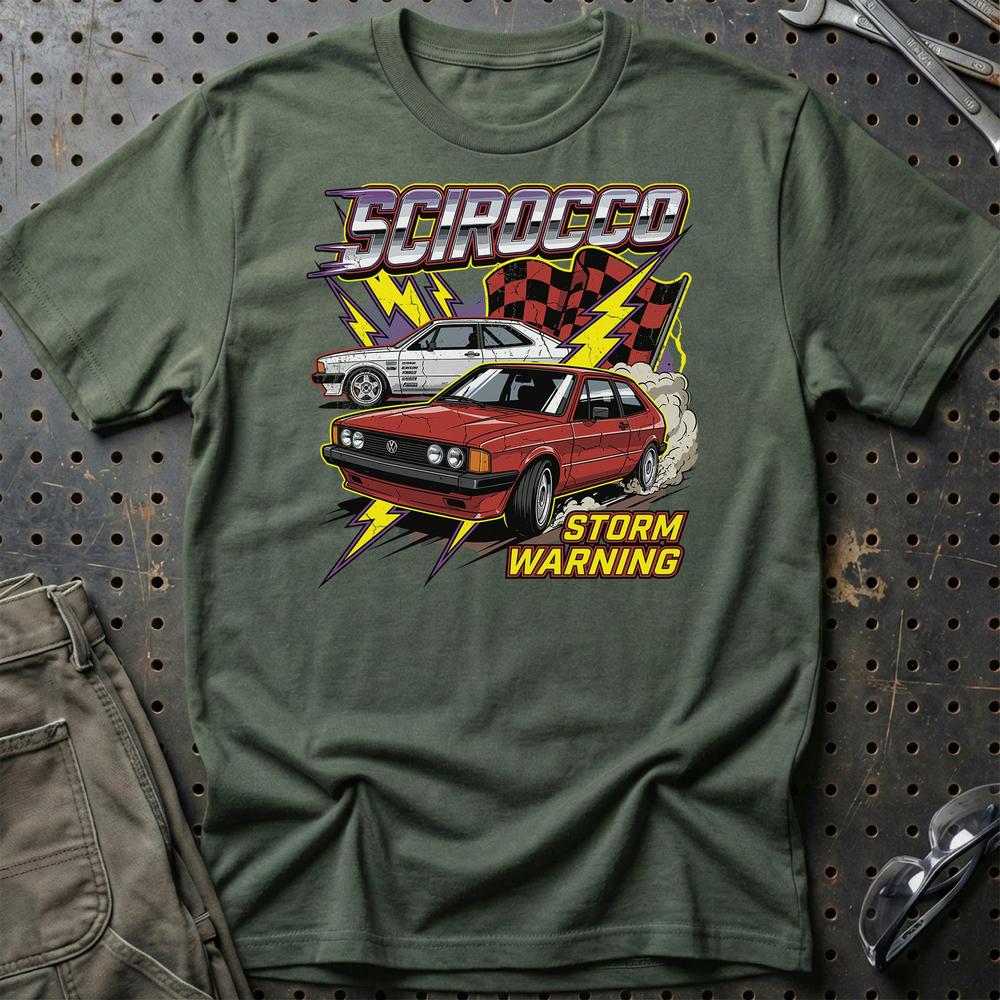 Volkswagen VW Scirocco Mk1 Storm Warning Klassiker T-Shirt-Beklædning-VW-Grøn Militær-S-Garage Culture Shop- garage - man cave - merchandise
