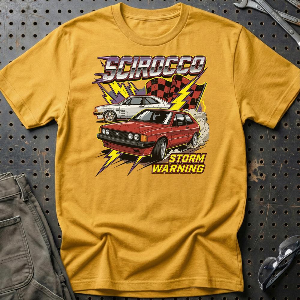 Volkswagen VW Scirocco Mk1 Storm Warning Klassiker T-Shirt-Beklædning-VW-Guld-S-Garage Culture Shop- garage - man cave - merchandise