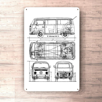 Volkswagen VW T2 Bus Blueprint Skilte, Musemåtte, Dørmåtte-Blueprint-VW-Garage Culture Shop- garage - man cave - merchandise