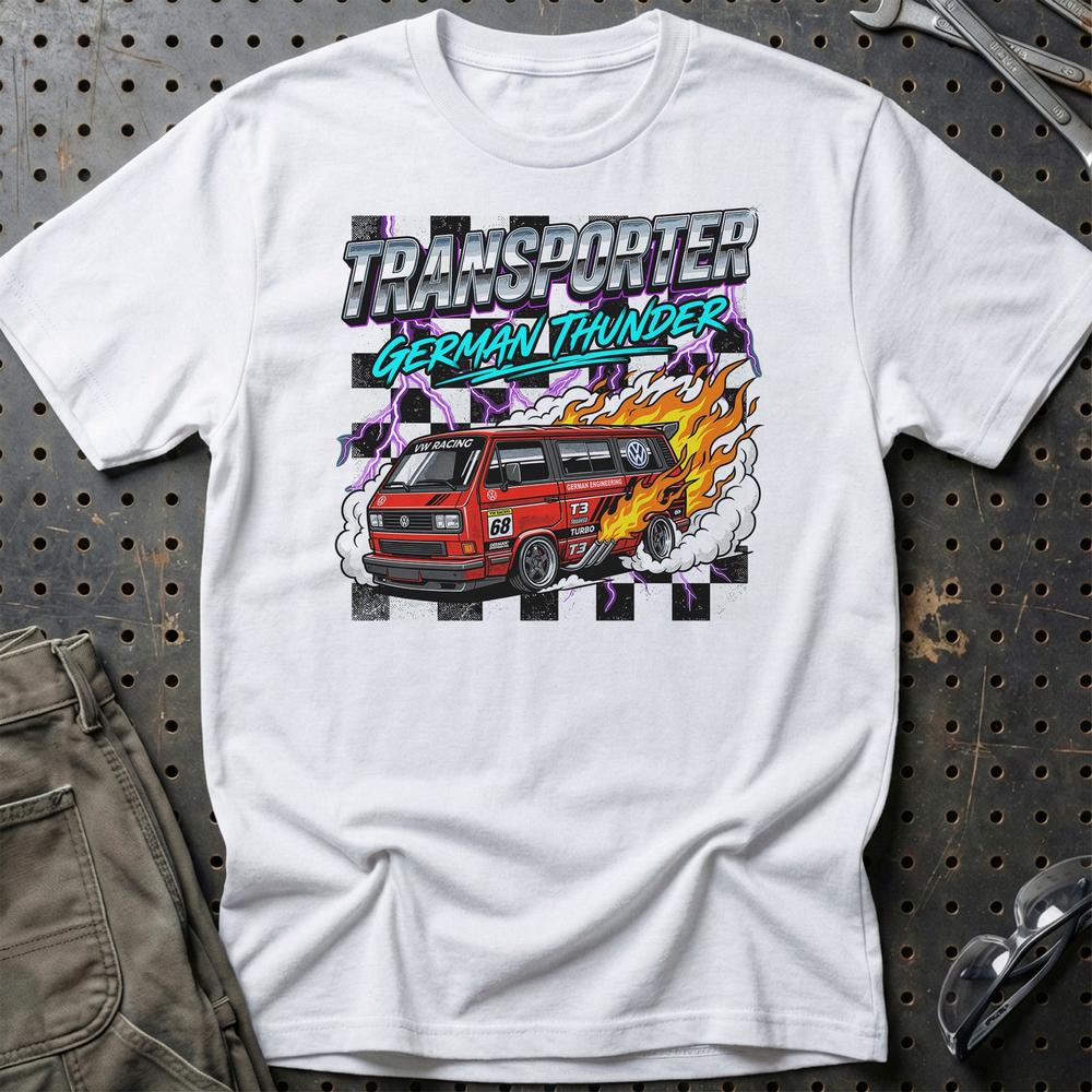 Volkswagen VW T3 Transporter German Thunder Van T-Shirt-Beklædning-VW-Hvid-S-Garage Culture Shop- garage - man cave - merchandise