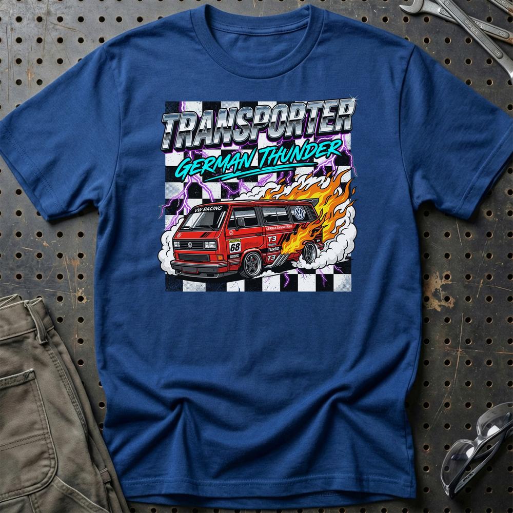 Volkswagen VW T3 Transporter German Thunder Van T-Shirt-Beklædning-VW-Blå Royal-S-Garage Culture Shop- garage - man cave - merchandise