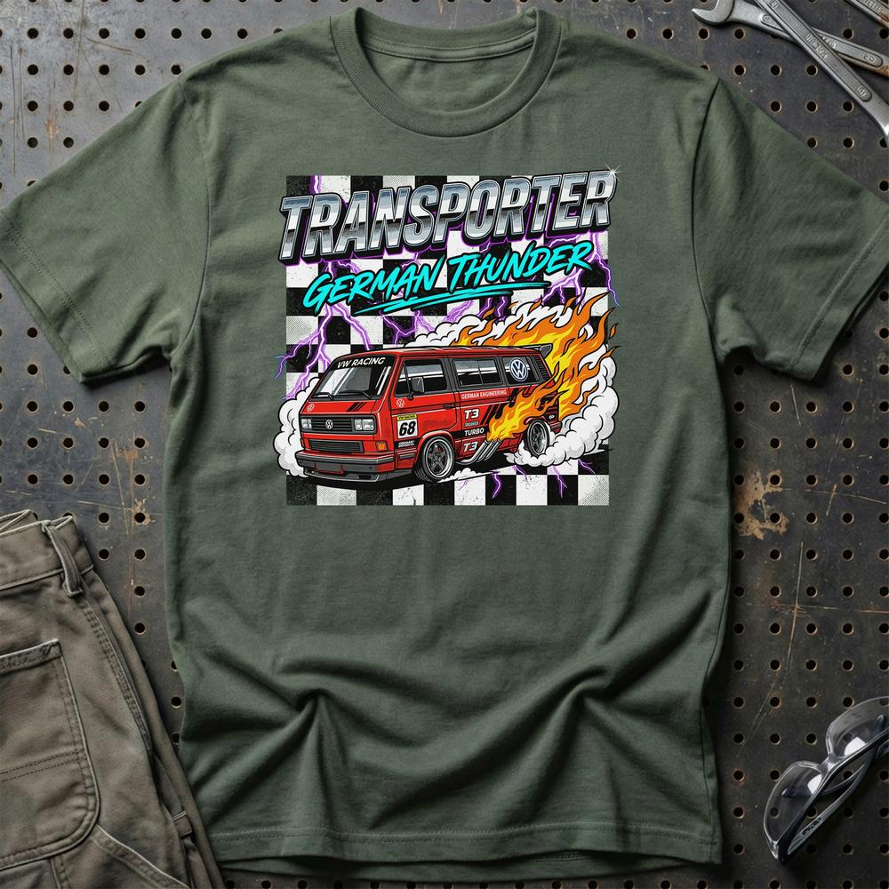 Volkswagen VW T3 Transporter German Thunder Van T-Shirt-Beklædning-VW-Grøn Militær-S-Garage Culture Shop- garage - man cave - merchandise