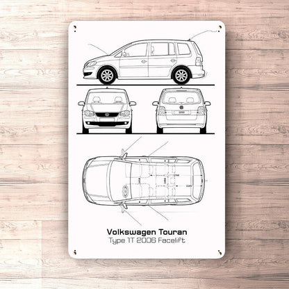 Volkswagen VW Touran Type 1T 2006 Facelift Blueprint Skilte, Musemåtte, Dørmåtte , Plakat-Blueprint-VW-Garage Culture Shop- garage - man cave - merchandise