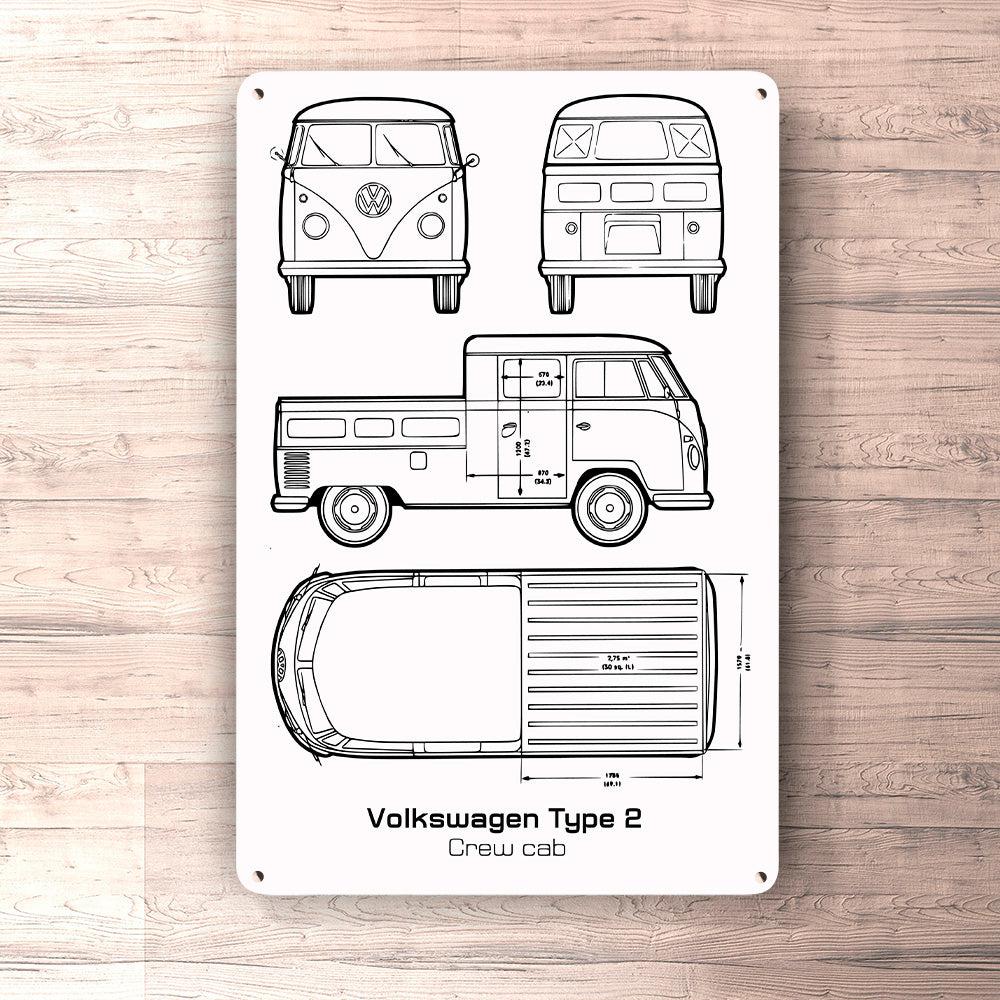 Volkswagen VW Type 2 Crew Cab Blueprint Skilte, Musemåtte, Dørmåtte-Blueprint-VW-Garage Culture Shop- garage - man cave - merchandise