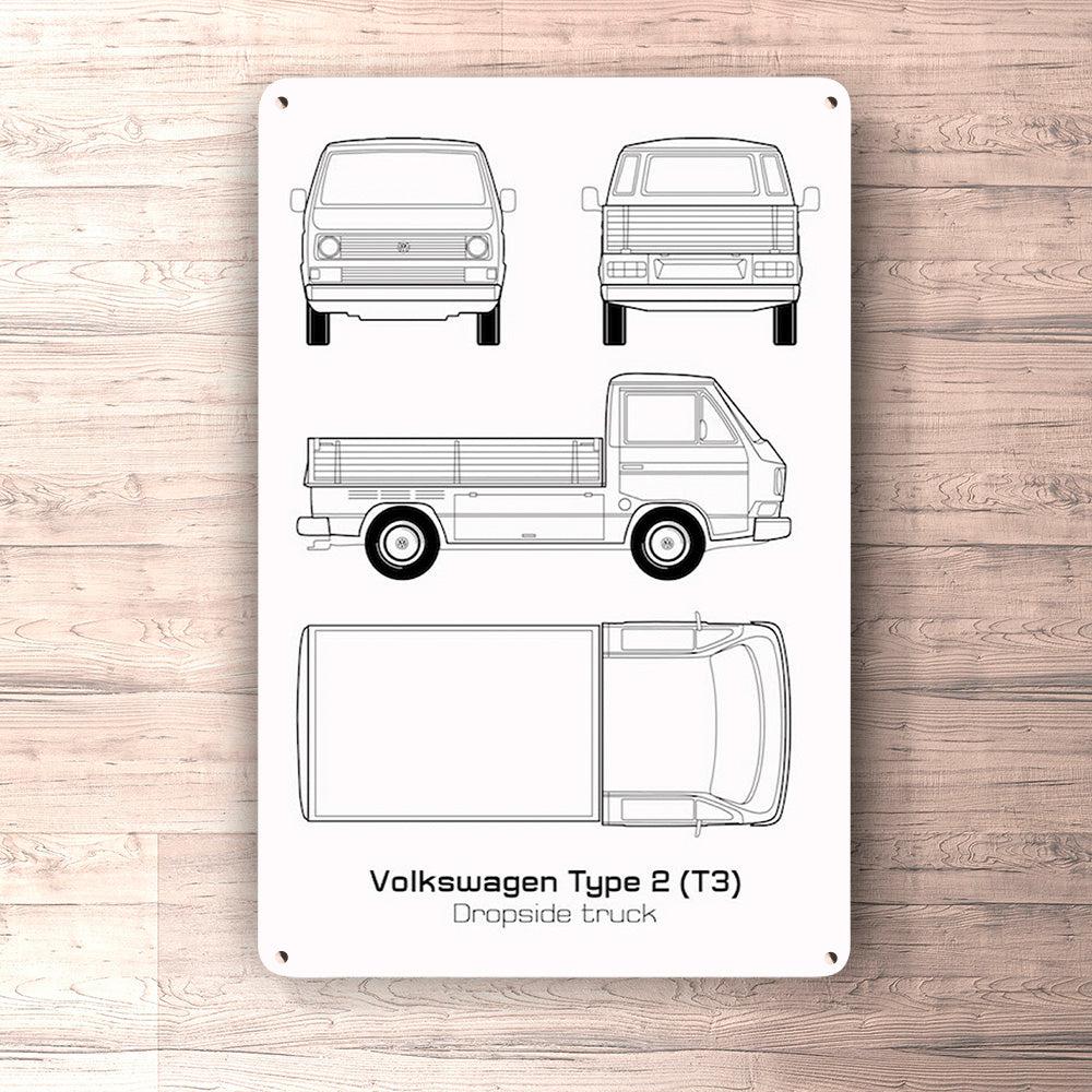 Volkswagen VW Type 2 T3 Dropside Truck Blueprint Skilte, Musemåtte, Dørmåtte-Blueprint-VW-Garage Culture Shop- garage - man cave - merchandise