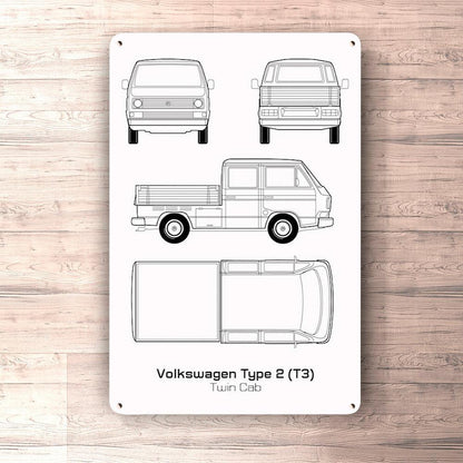 Volkswagen VW Type 2 T3 Twin Cab Blueprint Skilte, Musemåtte, Dørmåtte , Plakat-Blueprint-VW-Garage Culture Shop- garage - man cave - merchandise