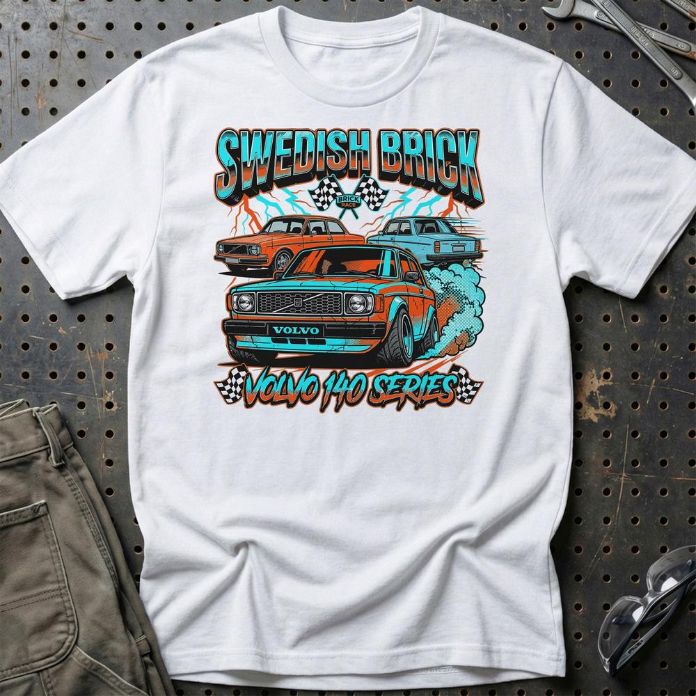 Volvo 140 Series Swedish Brick Retro Klassiker - Unisex T-Shirt-Beklædning-Volvo-Hvid-S-Garage Culture Shop- garage - man cave - merchandise