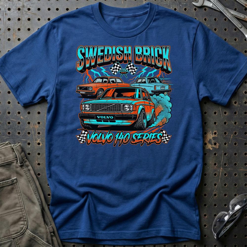 Volvo 140 Series Swedish Brick Retro Klassiker - Unisex T-Shirt-Beklædning-Volvo-Blå Royal-S-Garage Culture Shop- garage - man cave - merchandise