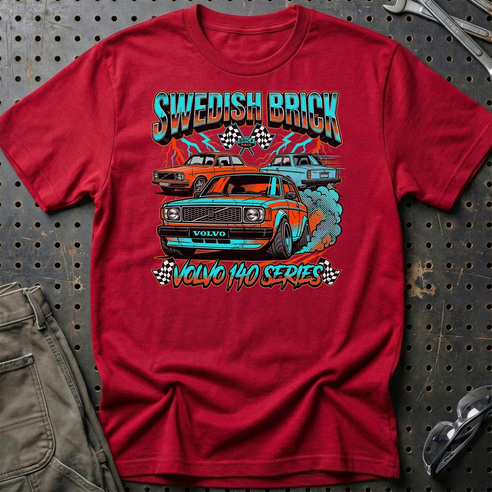 Volvo 140 Series Swedish Brick Retro Klassiker - Unisex T-Shirt-Beklædning-Volvo-Rød-S-Garage Culture Shop- garage - man cave - merchandise