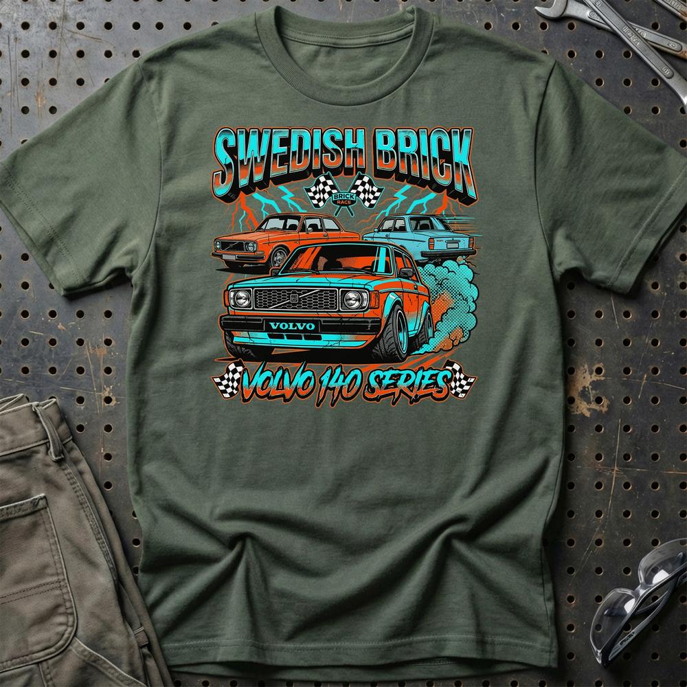 Volvo 140 Series Swedish Brick Retro Klassiker - Unisex T-Shirt-Beklædning-Volvo-Grøn Militær-S-Garage Culture Shop- garage - man cave - merchandise