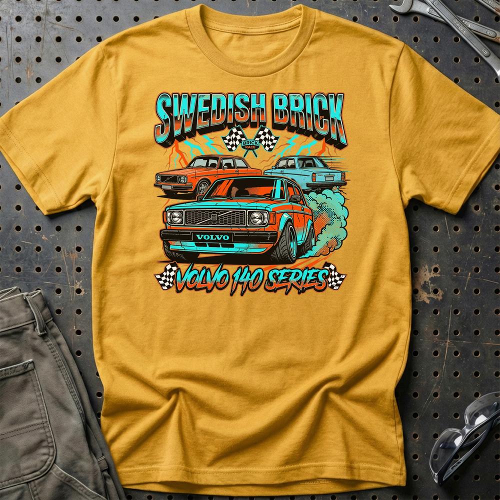 Volvo 140 Series Swedish Brick Retro Klassiker - Unisex T-Shirt-Beklædning-Volvo-Guld-S-Garage Culture Shop- garage - man cave - merchandise