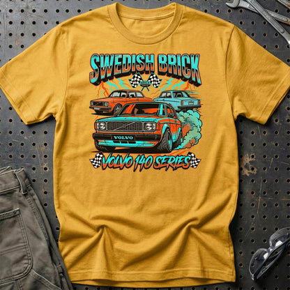 Volvo 140 Series Swedish Brick Retro Klassiker - Unisex T-Shirt-Beklædning-Volvo-Guld-S-Garage Culture Shop- garage - man cave - merchandise