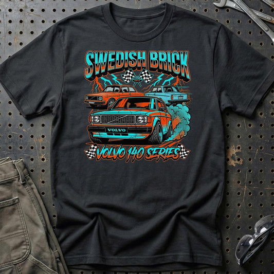 Volvo 140 Series Swedish Brick Retro Klassiker - Unisex T-Shirt-Beklædning-Volvo-Sort-S-Garage Culture Shop- garage - man cave - merchandise