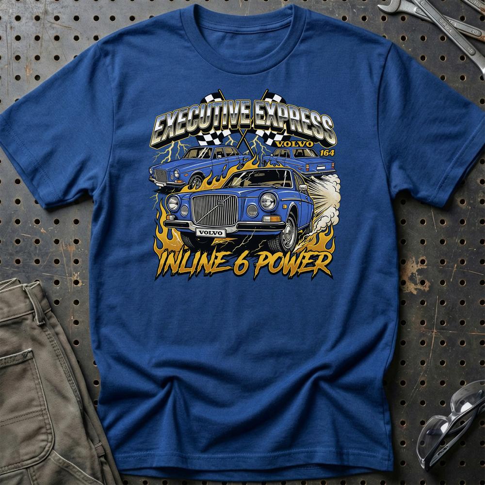 Volvo 164 Executive Express Inline 6 Power T-Shirt-Beklædning-Volvo-Blå Royal-S-Garage Culture Shop- garage - man cave - merchandise