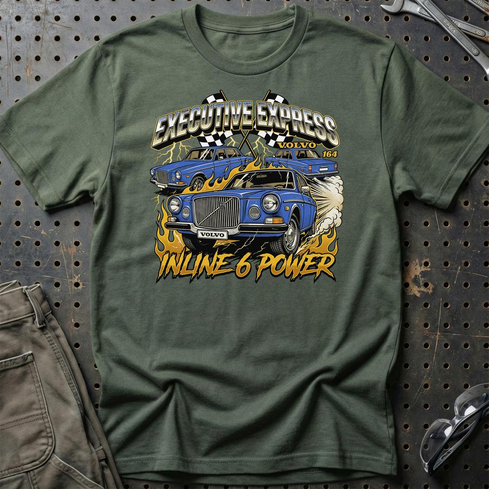 Volvo 164 Executive Express Inline 6 Power T-Shirt-Beklædning-Volvo-Grøn Militær-S-Garage Culture Shop- garage - man cave - merchandise