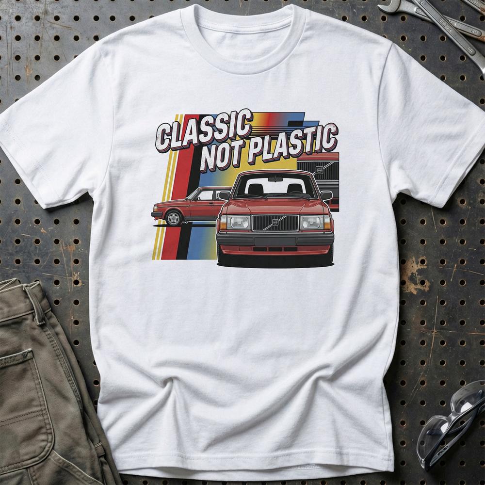 Volvo 240 Classic Not Plastic T-Shirt-Beklædning-Volvo-Hvid-S-Garage Culture Shop- garage - man cave - merchandise