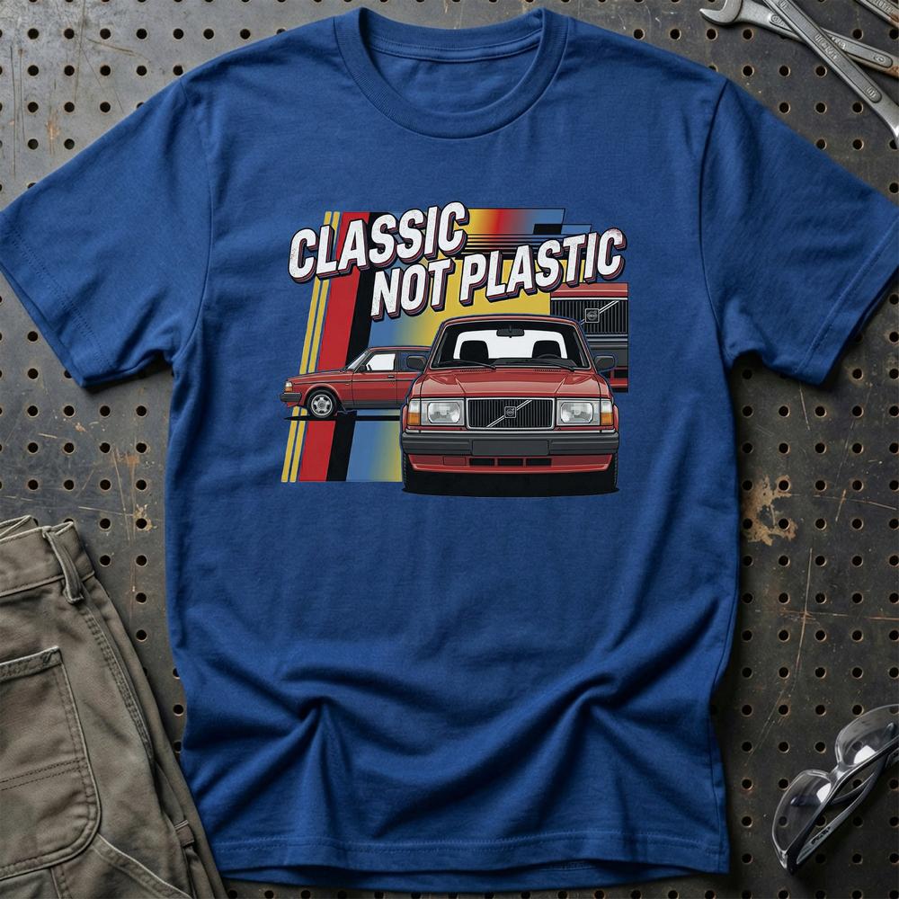 Volvo 240 Classic Not Plastic T-Shirt-Beklædning-Volvo-Blå Royal-S-Garage Culture Shop- garage - man cave - merchandise