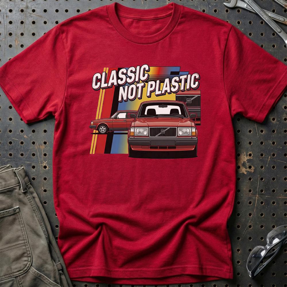 Volvo 240 Classic Not Plastic T-Shirt-Beklædning-Volvo-Rød-S-Garage Culture Shop- garage - man cave - merchandise