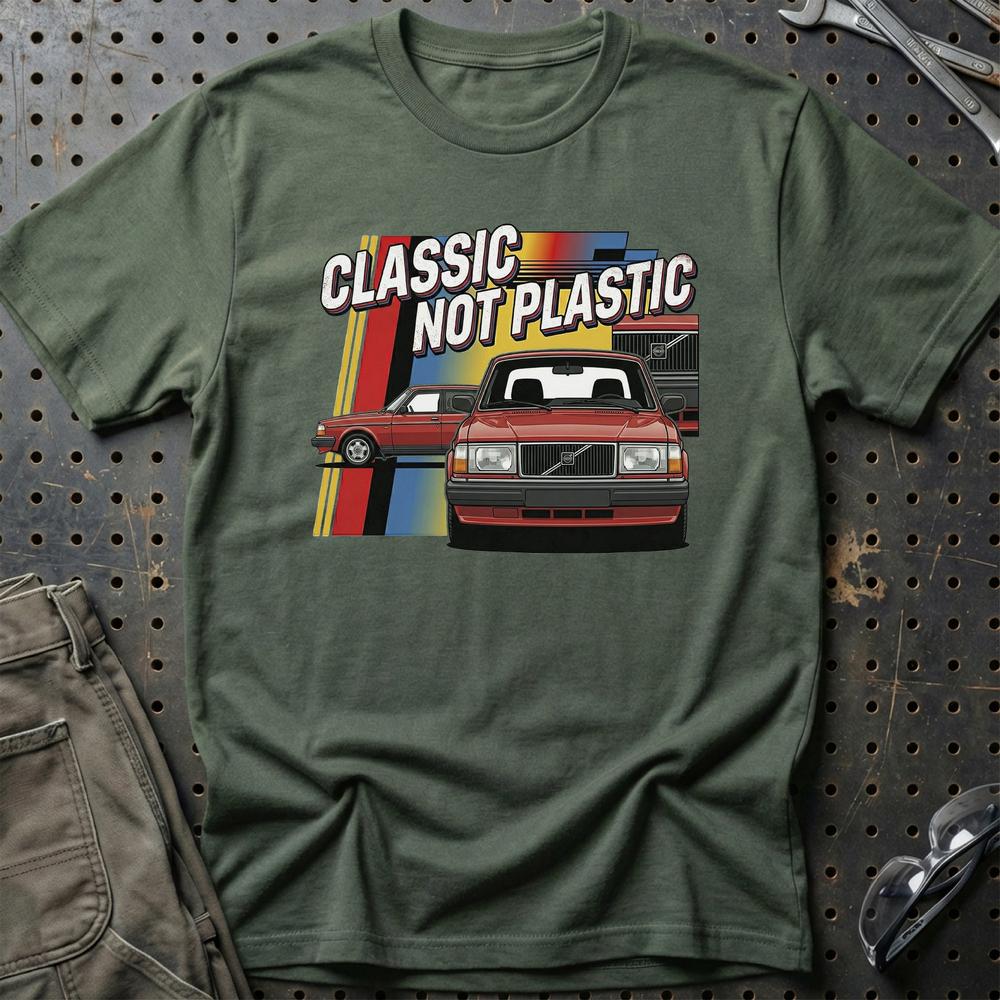 Volvo 240 Classic Not Plastic T-Shirt-Beklædning-Volvo-Grøn Militær-S-Garage Culture Shop- garage - man cave - merchandise