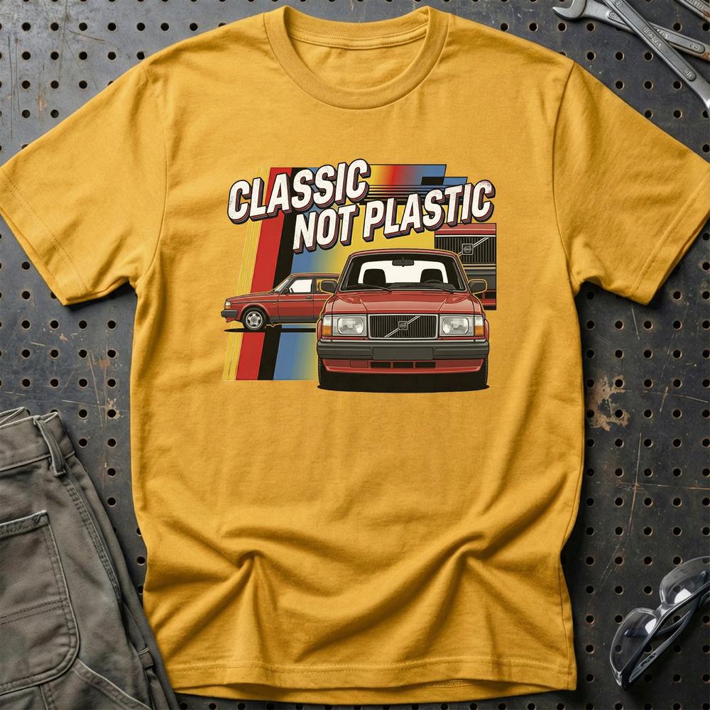 Volvo 240 Classic Not Plastic T-Shirt-Beklædning-Volvo-Guld-S-Garage Culture Shop- garage - man cave - merchandise