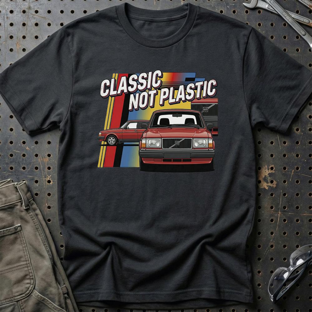 Volvo 240 Classic Not Plastic T-Shirt-Beklædning-Volvo-Sort-S-Garage Culture Shop- garage - man cave - merchandise