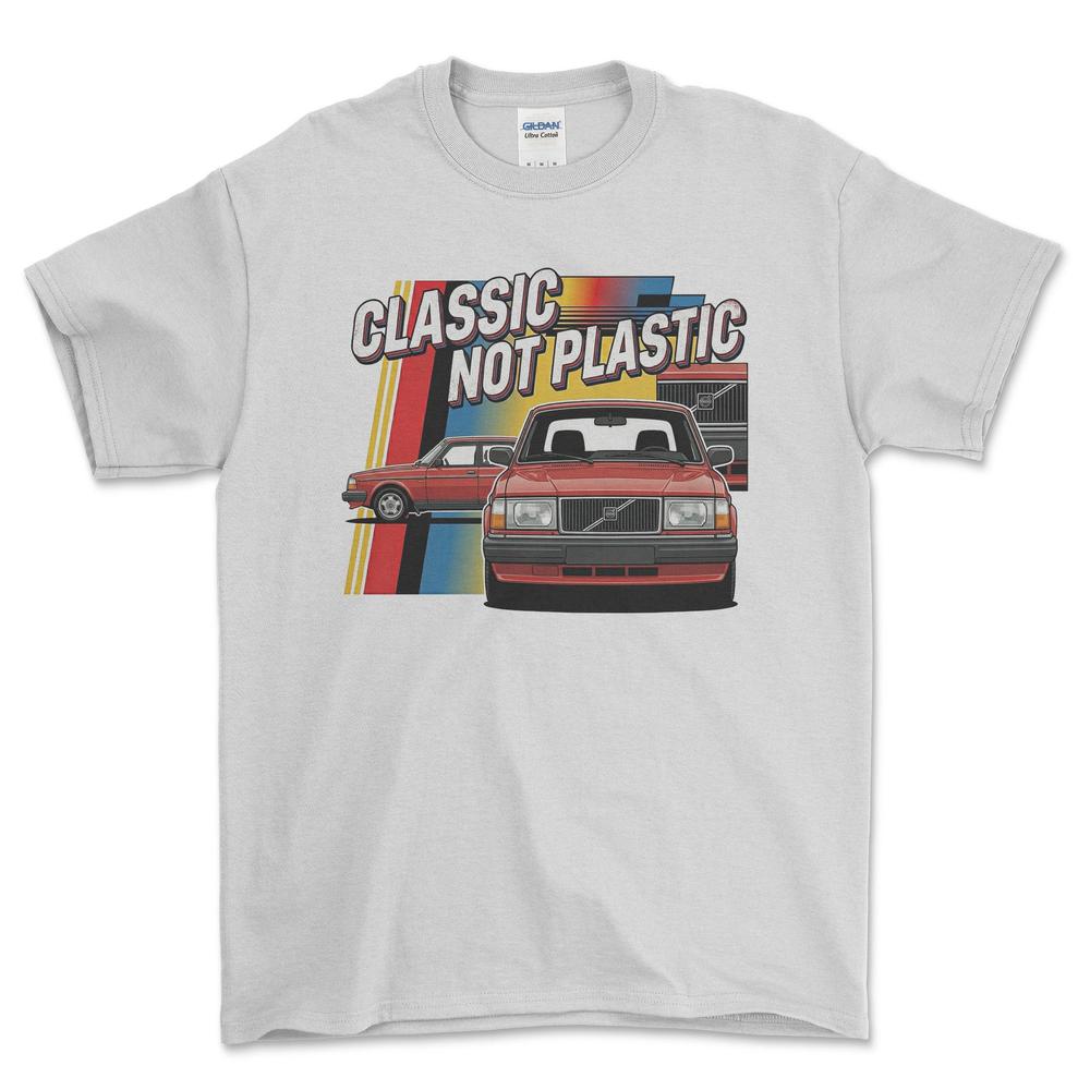 Volvo 240 Classic Not Plastic - Unisex T-Shirt-Beklædning-Volvo-Hvid-S-Forside-Garage Culture Shop- garage - man cave - merchandise