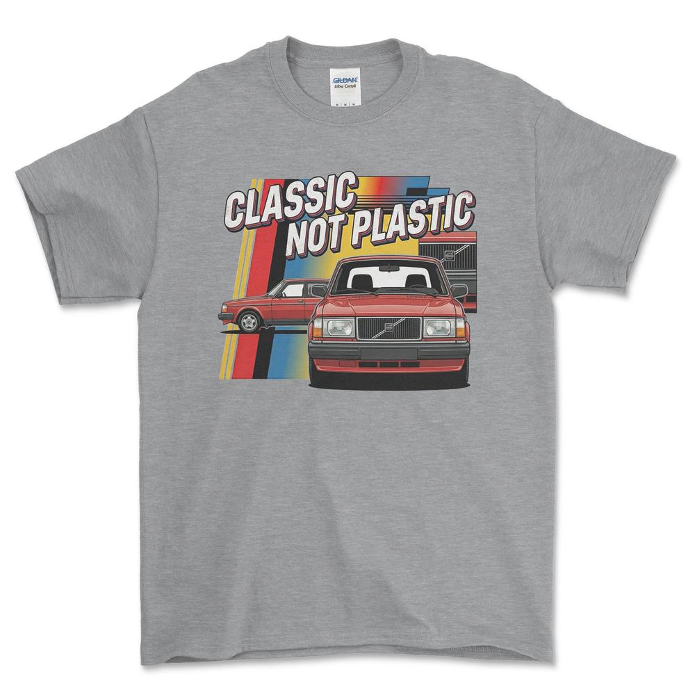 Volvo 240 Classic Not Plastic - Unisex T-Shirt-Beklædning-Volvo-Grå Sport-S-Forside-Garage Culture Shop- garage - man cave - merchandise