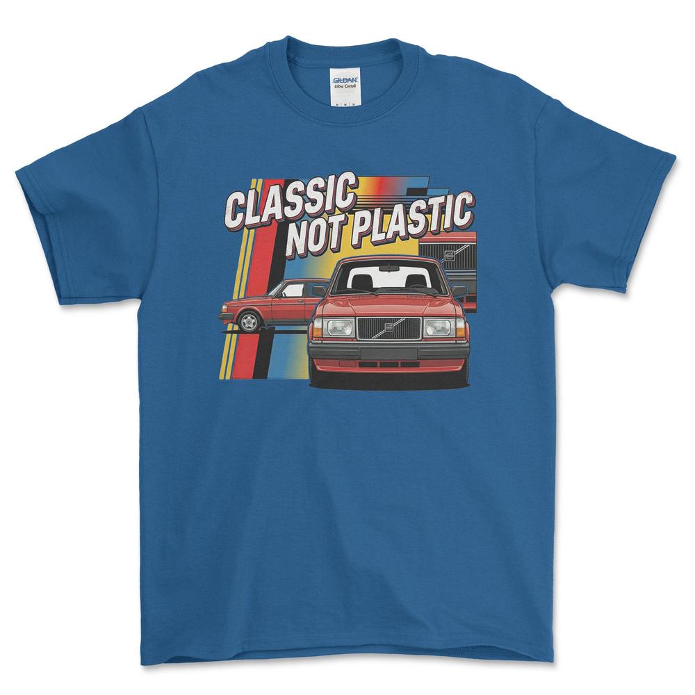 Volvo 240 Classic Not Plastic - Unisex T-Shirt-Beklædning-Volvo-Blå Royal-S-Forside-Garage Culture Shop- garage - man cave - merchandise