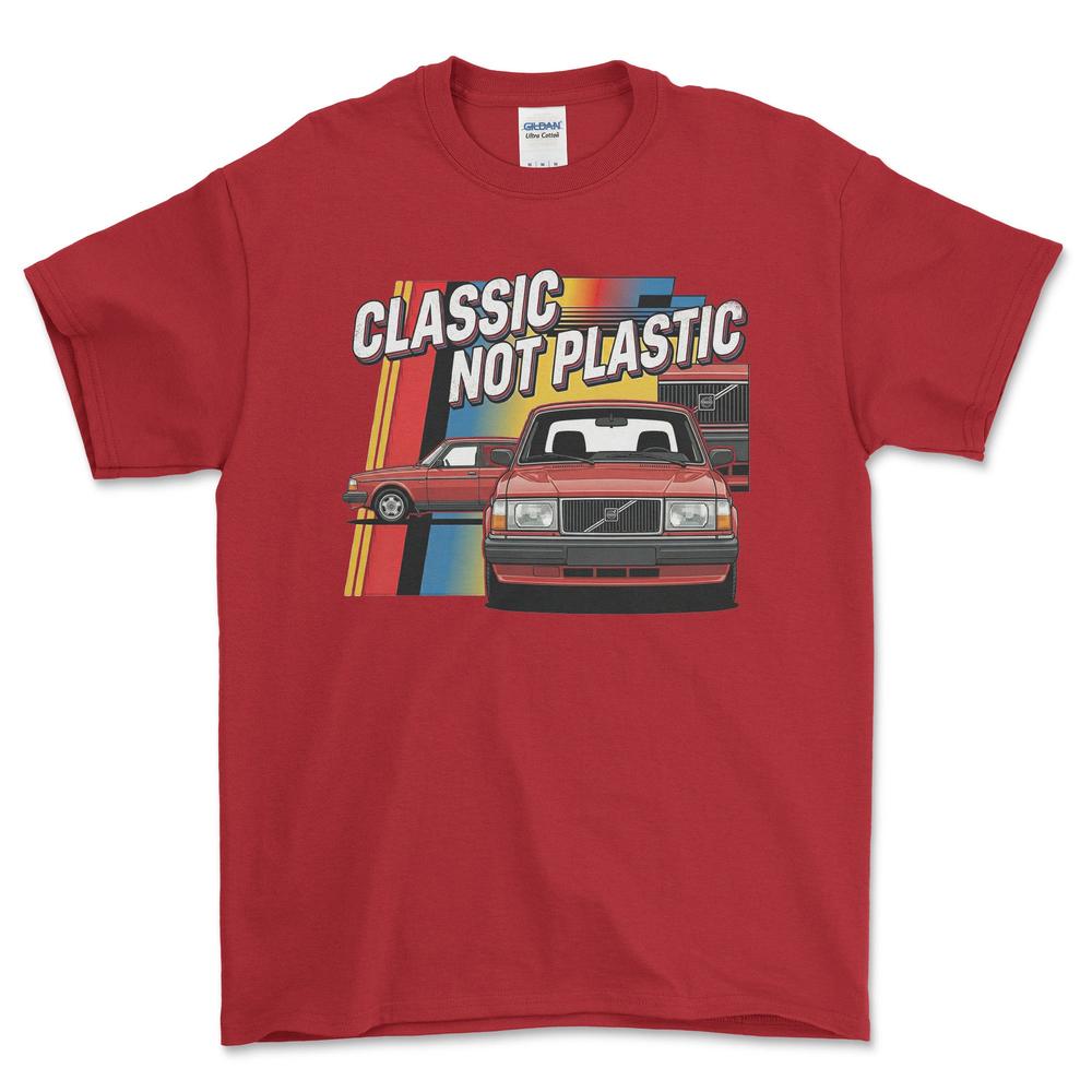 Volvo 240 Classic Not Plastic - Unisex T-Shirt-Beklædning-Volvo-Rød-S-Forside-Garage Culture Shop- garage - man cave - merchandise