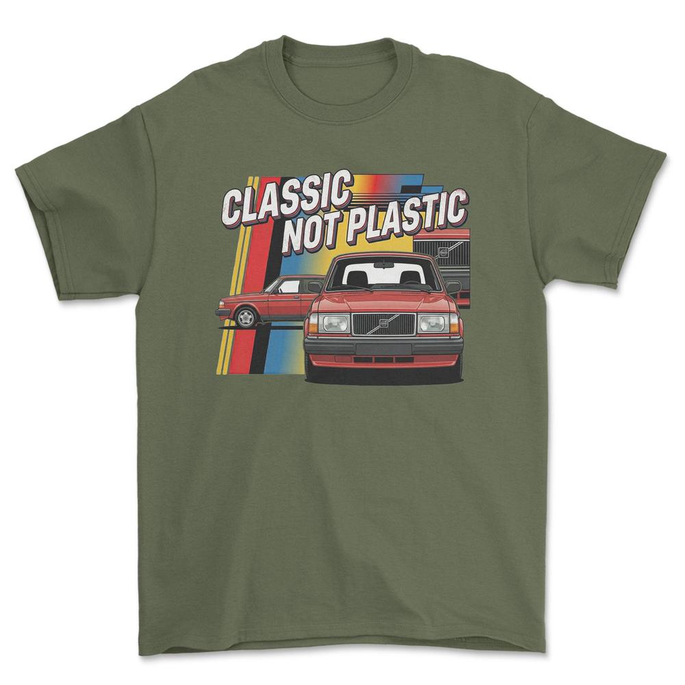 Volvo 240 Classic Not Plastic - Unisex T-Shirt-Beklædning-Volvo-Grøn Militær-S-Forside-Garage Culture Shop- garage - man cave - merchandise