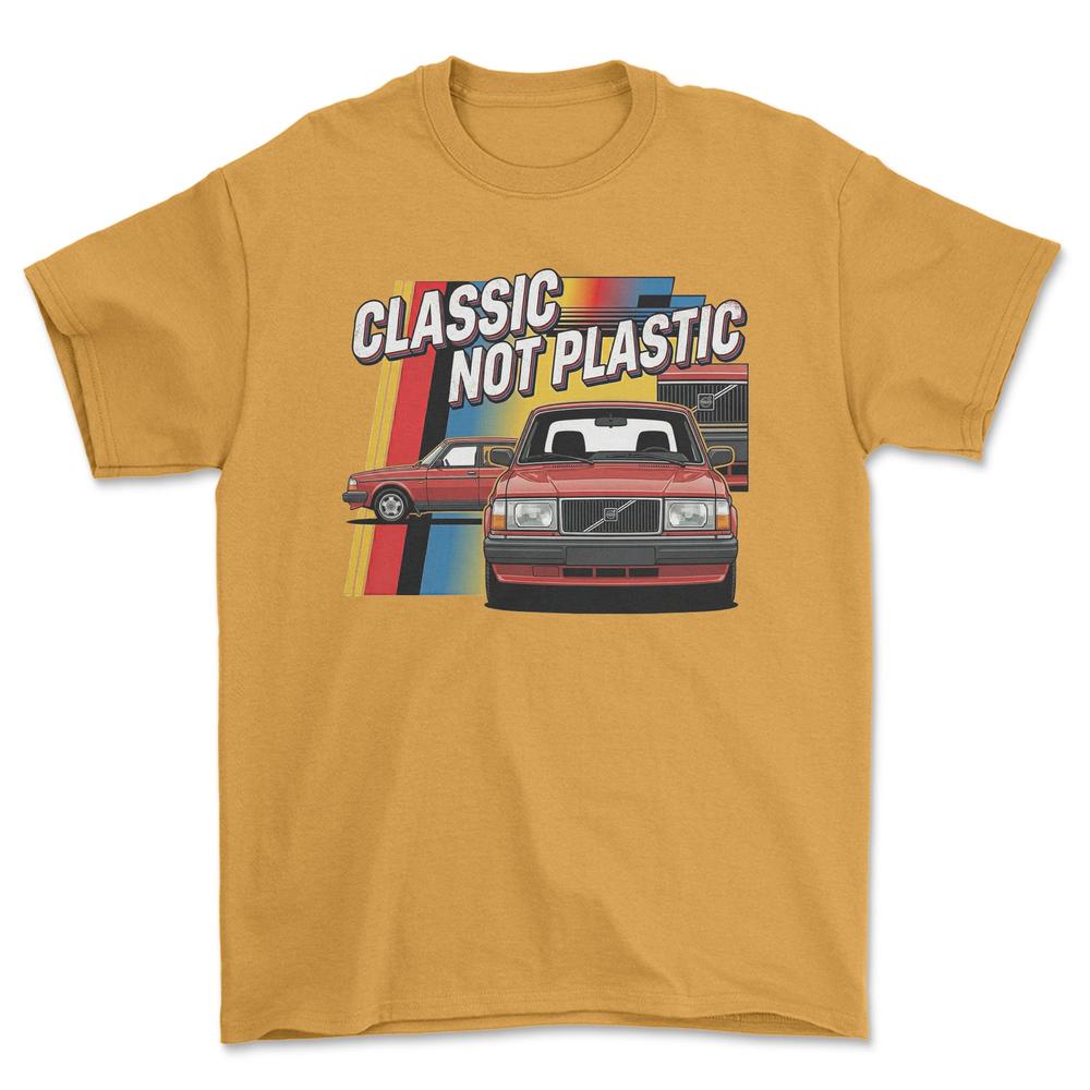 Volvo 240 Classic Not Plastic - Unisex T-Shirt-Beklædning-Volvo-Guld-S-Forside-Garage Culture Shop- garage - man cave - merchandise