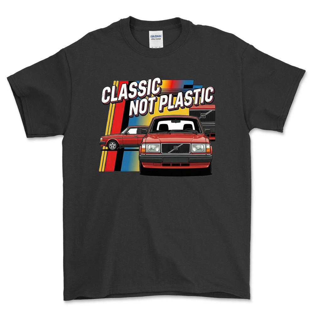 Volvo 240 Classic Not Plastic - Unisex T-Shirt-Beklædning-Volvo-Sort-S-Forside-Garage Culture Shop- garage - man cave - merchandise