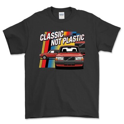 Volvo 240 Classic Not Plastic - Unisex T-Shirt-Beklædning-Volvo-Sort-S-Forside-Garage Culture Shop- garage - man cave - merchandise