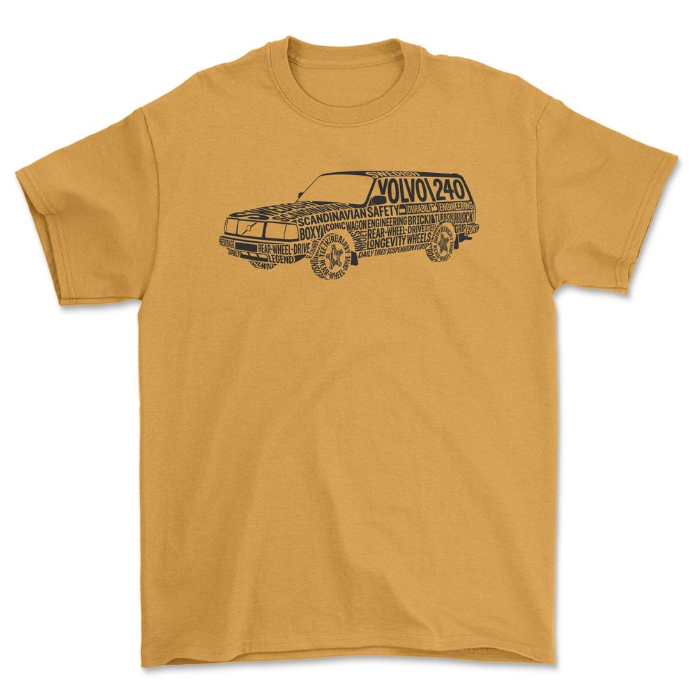 Volvo 240 Old School Typography T-Shirt-Beklædning-Volvo-Guld-S-Garage Culture Shop- garage - man cave - merchandise