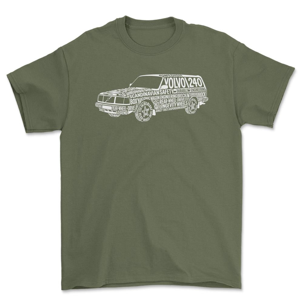 Volvo 240 Old School Typography - Unisex T-Shirt-Beklædning-Volvo-Grøn Militær-S-Garage Culture Shop- garage - man cave - merchandise