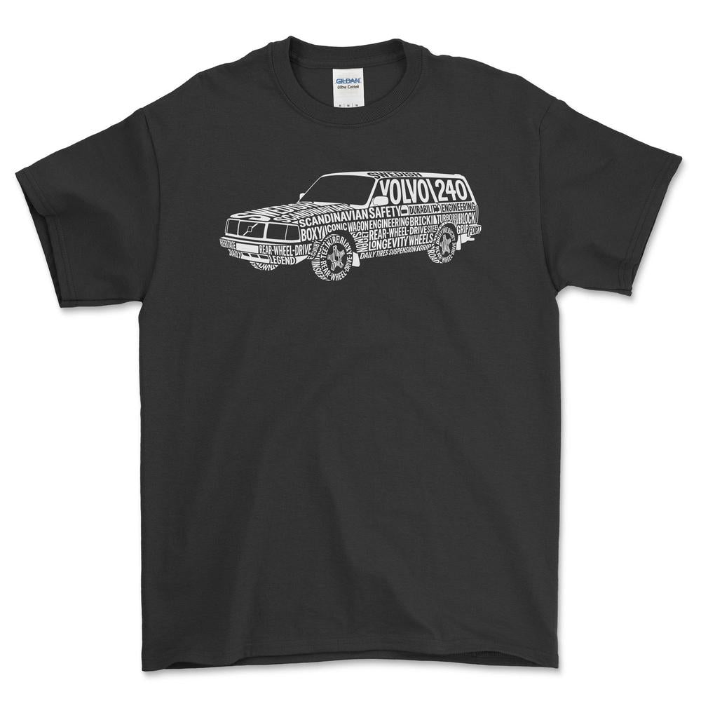 Volvo 240 Old School Typography - Unisex T-Shirt-Beklædning-Volvo-Sort-S-Garage Culture Shop- garage - man cave - merchandise