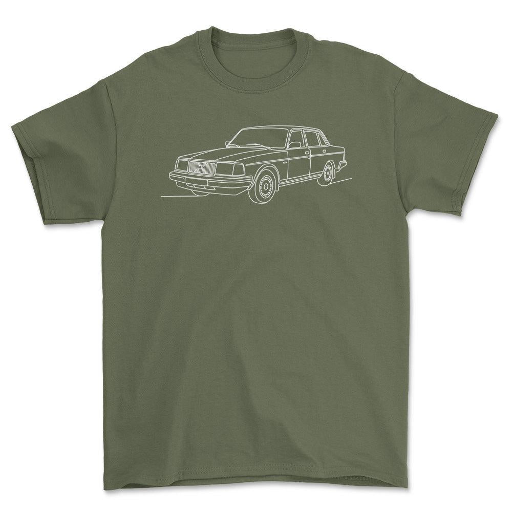 Volvo 240 Sedan - One Line Style Unisex T-Shirt-Beklædning-Volvo-Grøn Militær-S-Garage Culture Shop- garage - man cave - merchandise
