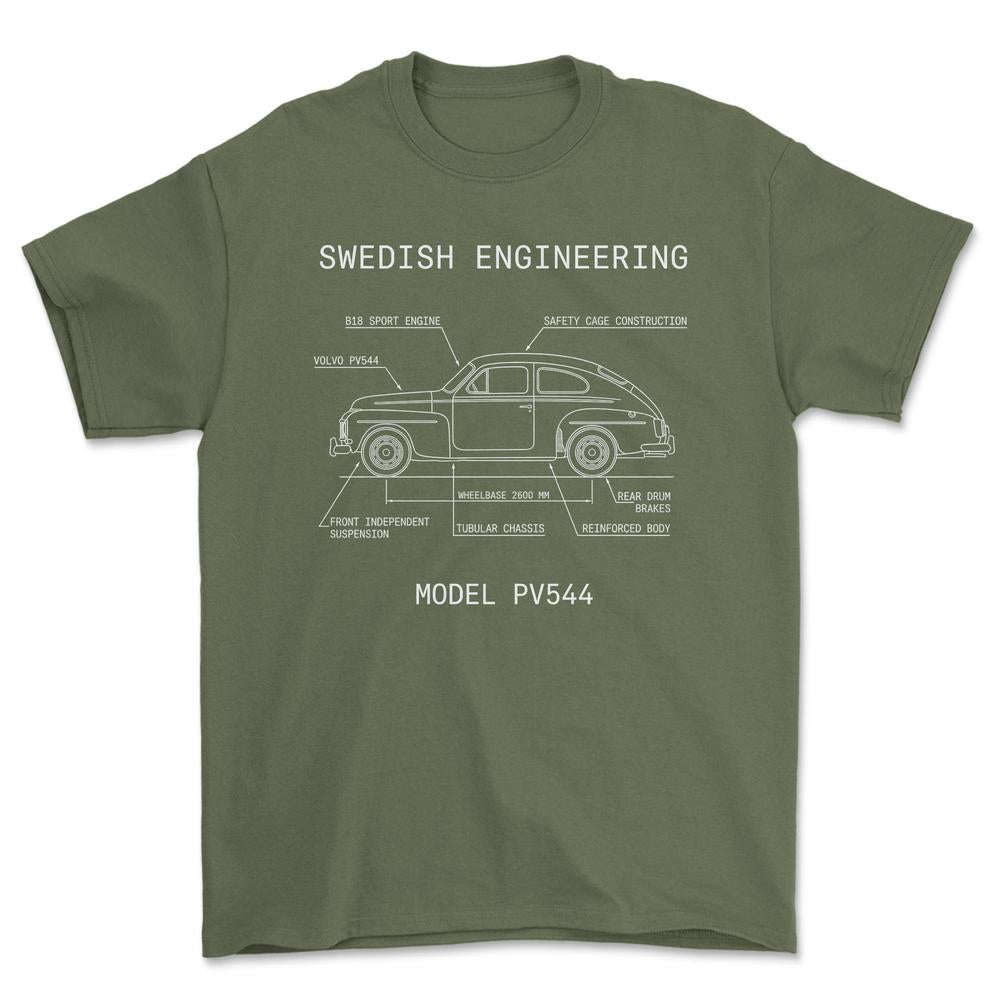 Volvo 544 Swedish Engineering Blueprint T-Shirt-Beklædning-Volvo-Grøn Militær-S-Garage Culture Shop- garage - man cave - merchandise