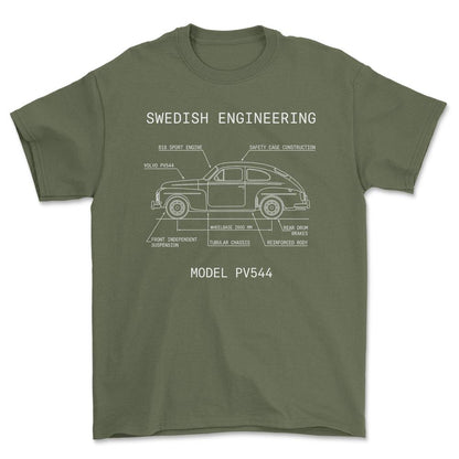Volvo 544 Swedish Engineering Blueprint - Unisex T-Shirt-Beklædning-Volvo-Grøn Militær-S-Garage Culture Shop- garage - man cave - merchandise