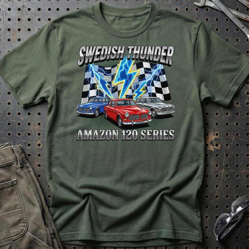Volvo Amazon 120 Series Classic Car - Unisex T-Shirt-Beklædning-Volvo-Grøn Militær-S-Garage Culture Shop- garage - man cave - merchandise